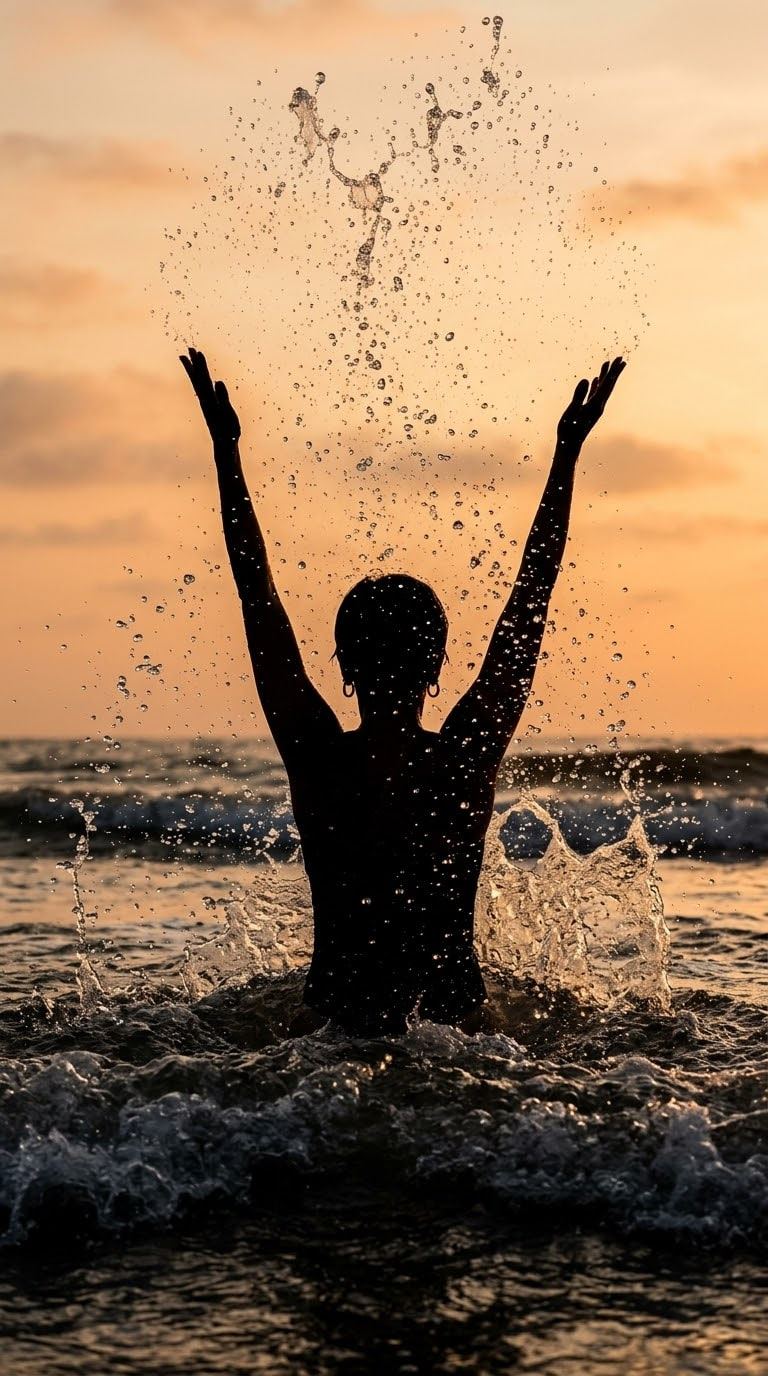 Silueta de espaldas en el mar con los brazos en alto y el agua salpicando contra un cielo naranja.
